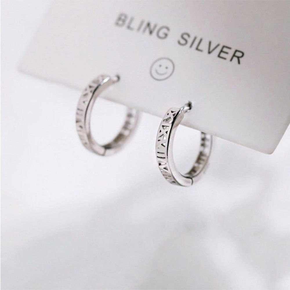 Silver Roman Numeral Huggie Earrings- SH006 Silver